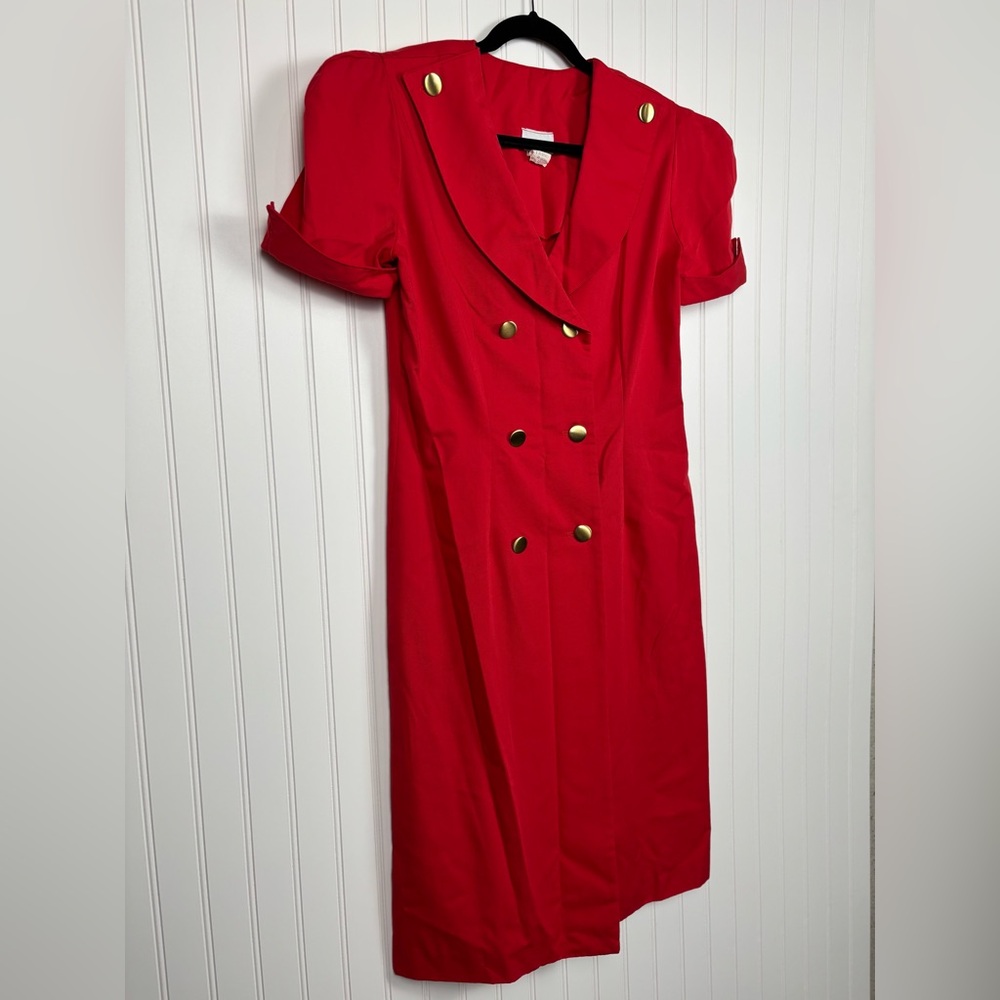 Vintage Apostrophe Red w/ Gold Button Front Dress Shoulder Pad Puff Sleeve Sz 12 - Picture 4 of 12